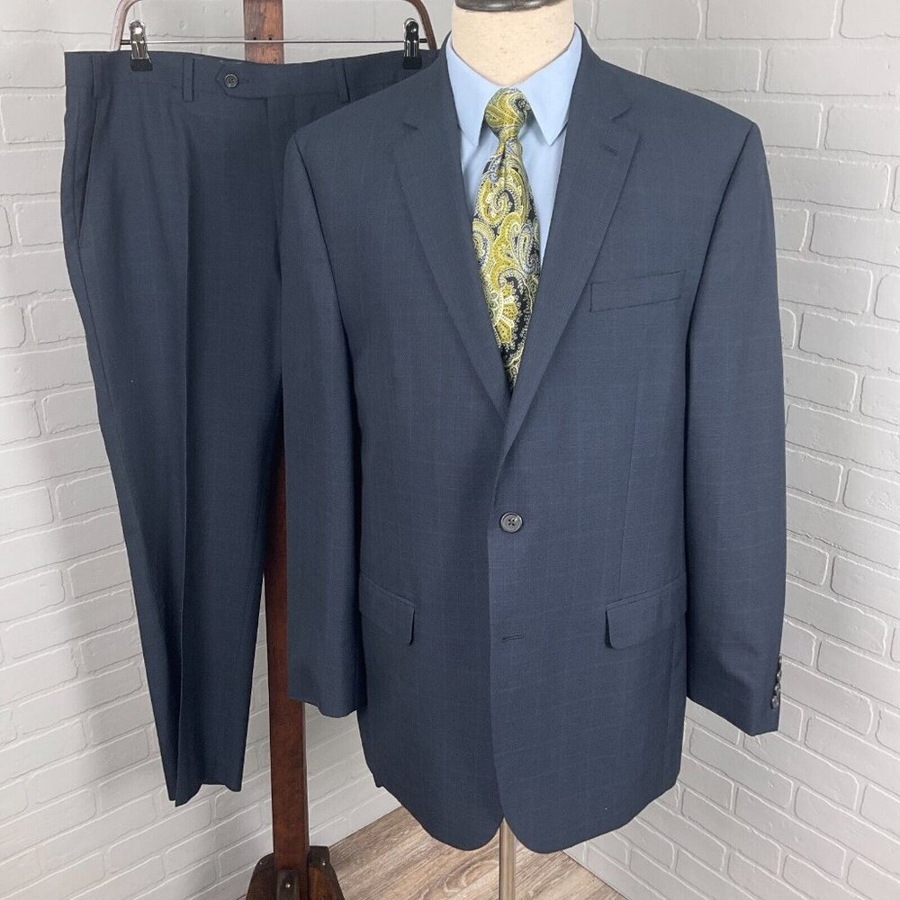 Chaps Suit Men‎ 44L 36Wx30L Blue Check Plaid Classic Career Poly Blend 2pc